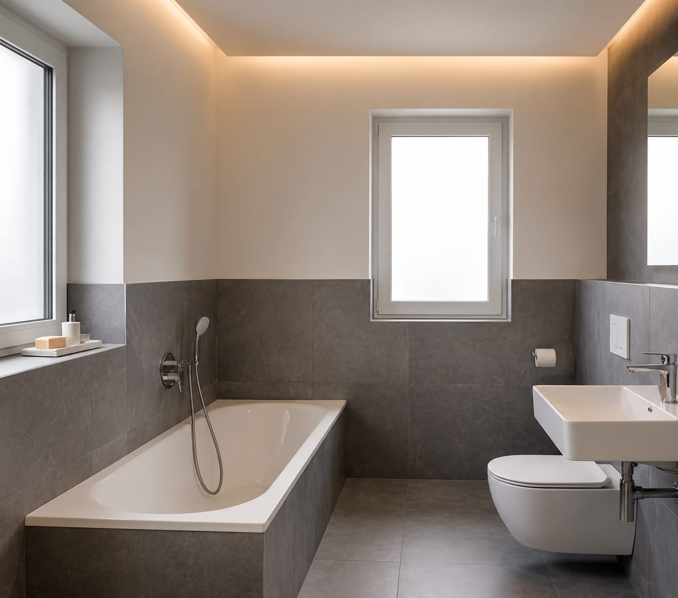 Badezimmer – Marmor und Grau Fliesen